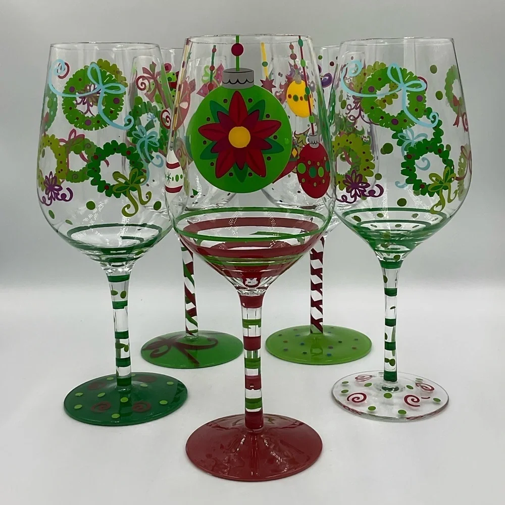 5 Raise The Bar Large 10” Hand Painted Wine Glasses with Christmas Designs